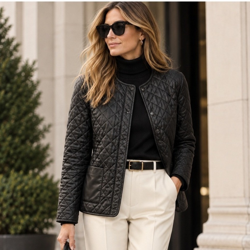 Weekend Max Mara Quilted Lamb Leather Jacket Women Size 14 Black Excellent